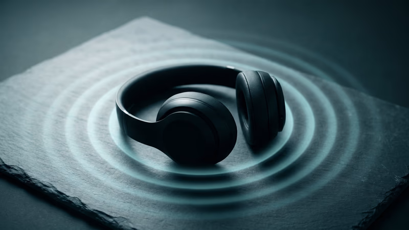 Sleek over-ear headphones on a dark slate surface with abstract concentric sound-wave ripples in cool teal light, representing screen reader audio navigation