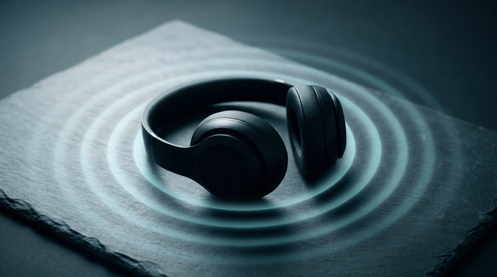 Sleek over-ear headphones on a dark slate surface with abstract concentric sound-wave ripples in cool teal light, representing screen reader audio navigation