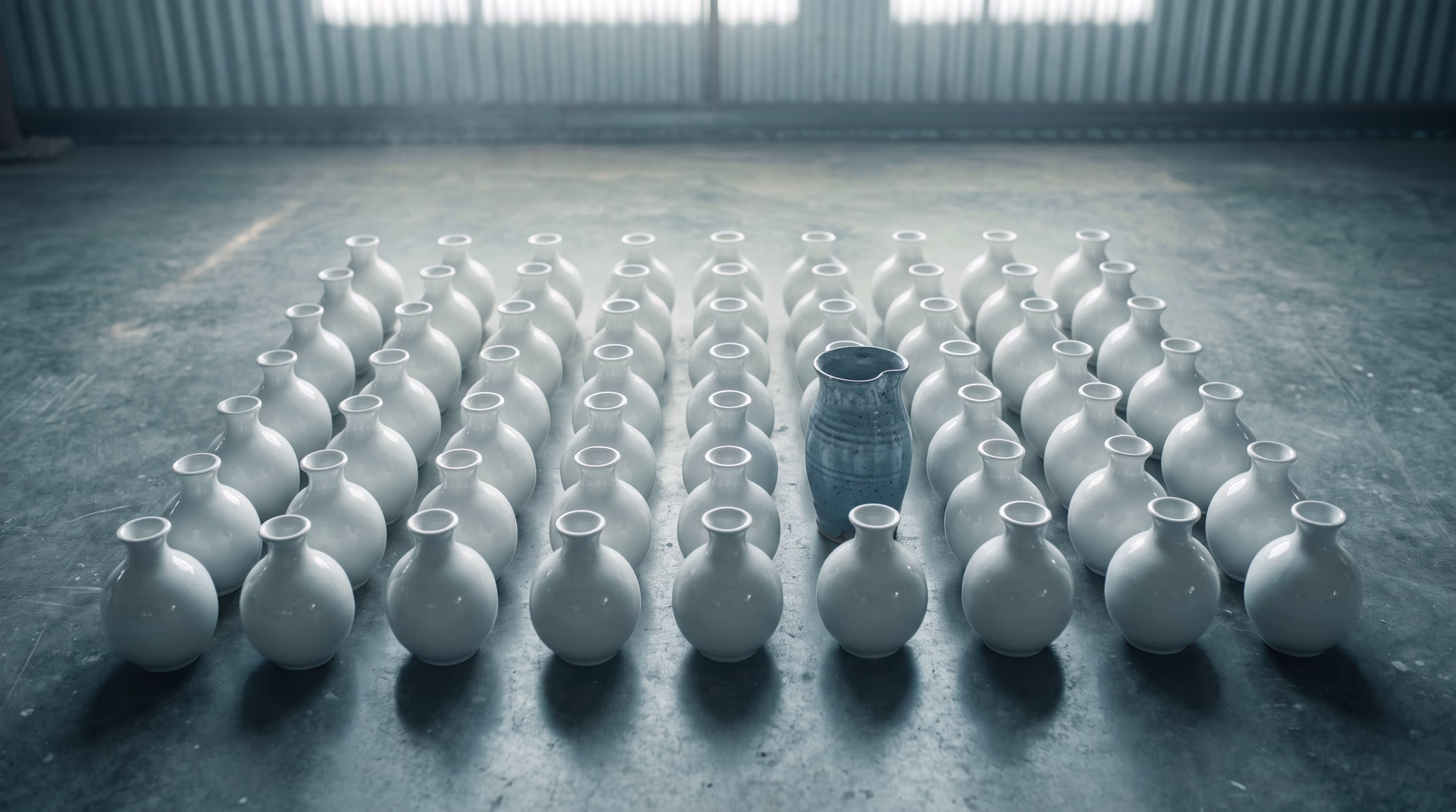 Rows of identical white mass-produced vases on a Houston warehouse floor with one hand-thrown, blue-glazed pitcher standing out among them