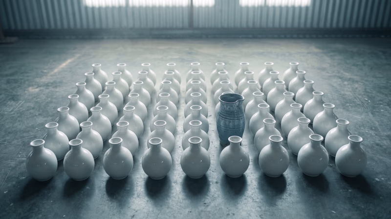 Rows of identical white mass-produced vases on a Houston warehouse floor with one hand-thrown, blue-glazed pitcher standing out among them