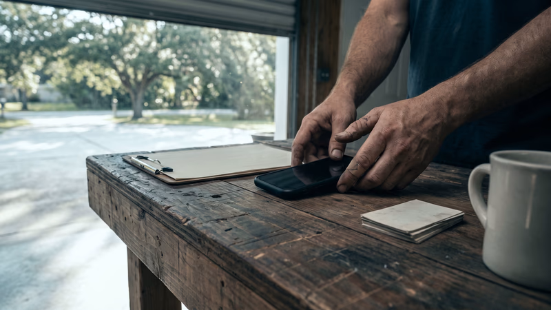 A small-business owner's hands on a workbench beside a clipboard and cards, morning light through an open shop door