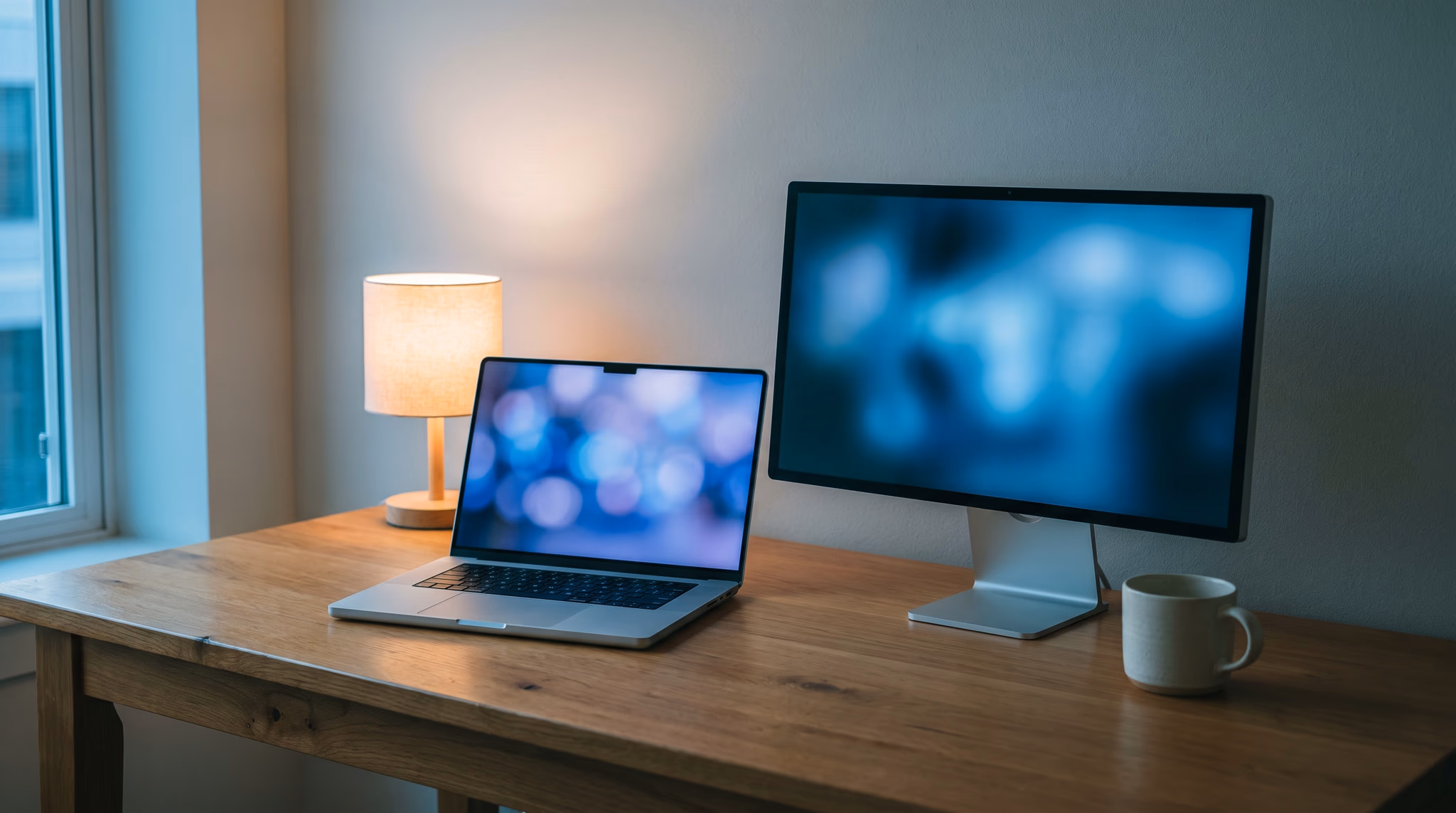 A dusk home-office desk holding one open laptop beside one external display, both with softly blurred screens and no cable clutter, the restraint a hybrid Astro and Webflow build calls for