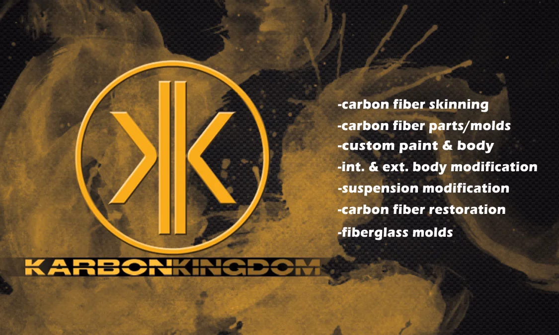 Karbon Kingdom business card back with gold KK monogram and services list on grunge texture designed by Desque