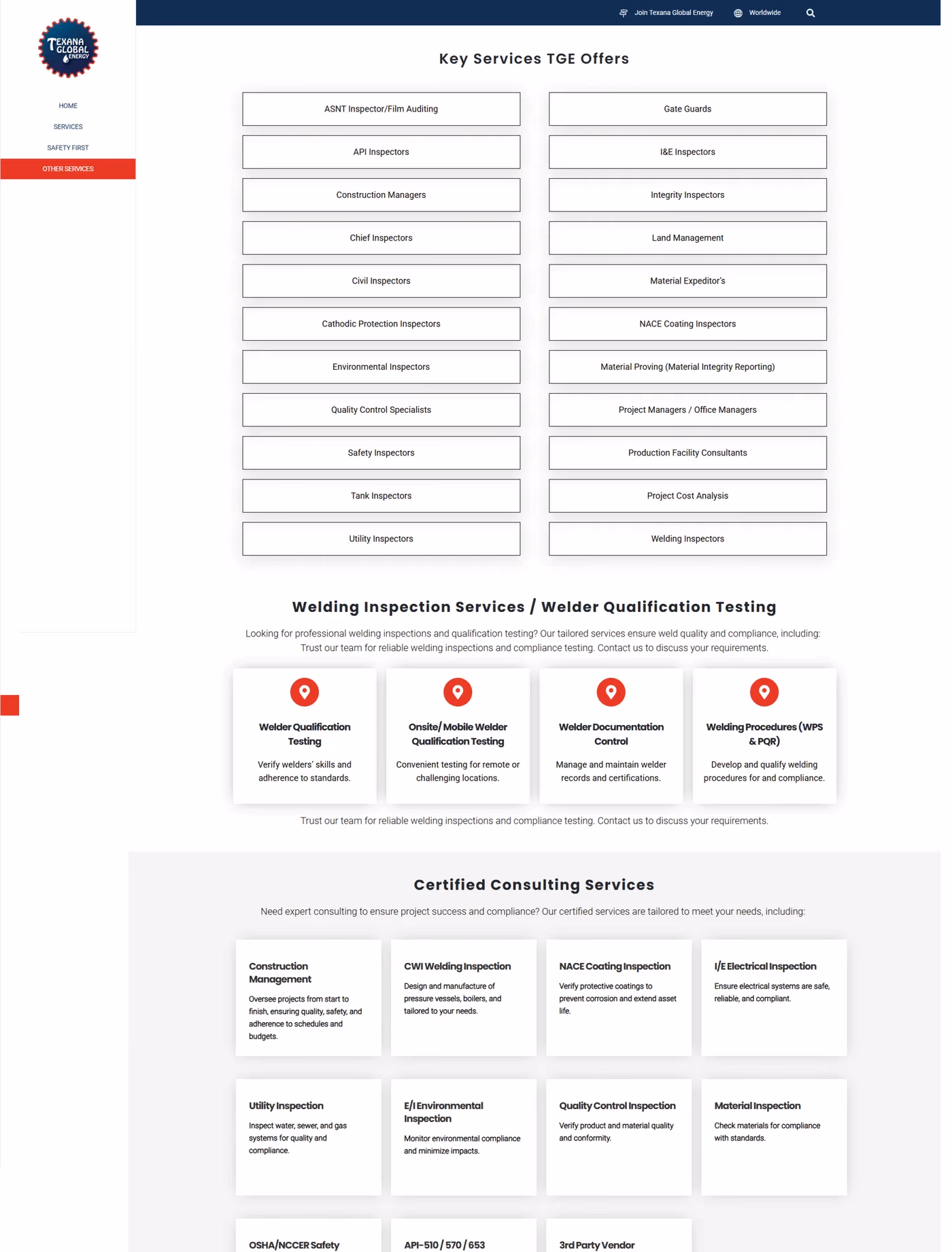 Texana Global Energy original additional services page before redesign by Desque