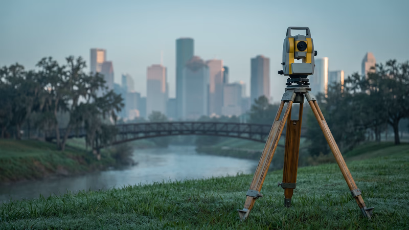 Surveyor's total station on a wooden tripod standing alone in dewy grass on the Buffalo Bayou bank at dawn, sighting the soft downtown Houston skyline with a pedestrian bridge in the middle distance