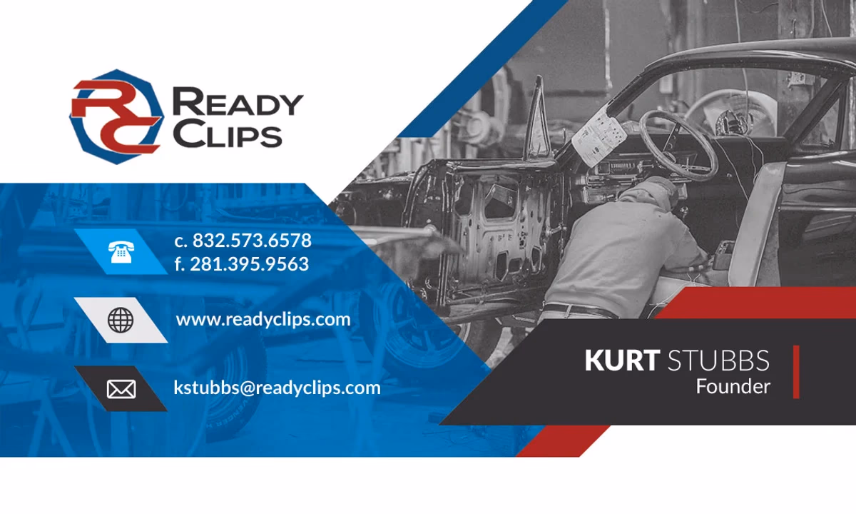 Ready Clips business card front designed by Desque, branded sales collateral for automotive supply