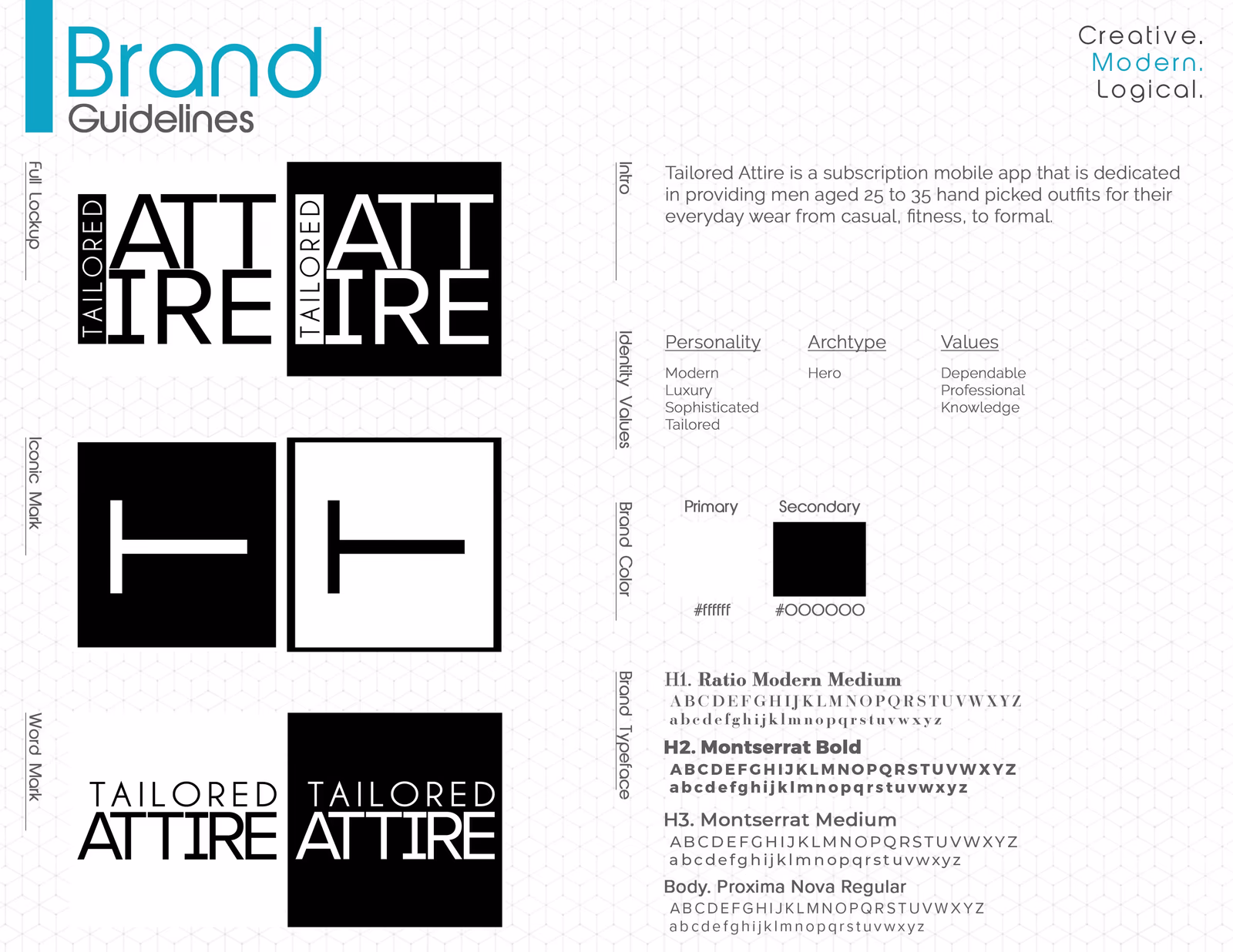 Tailored Attire brand guideline overview designed by Desque, showing color palette, typography, and logo usage rules