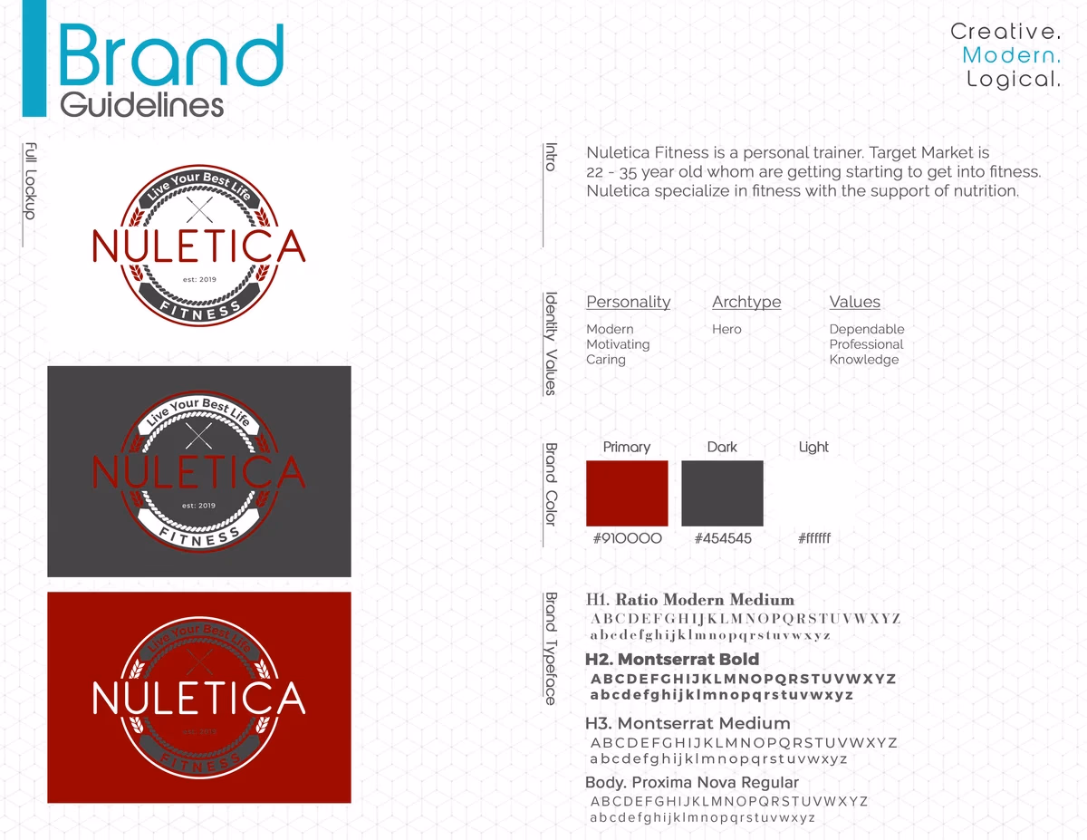 Nuletica Fitness brand guidelines sheet showing logo variants, colors, and typography designed by Desque