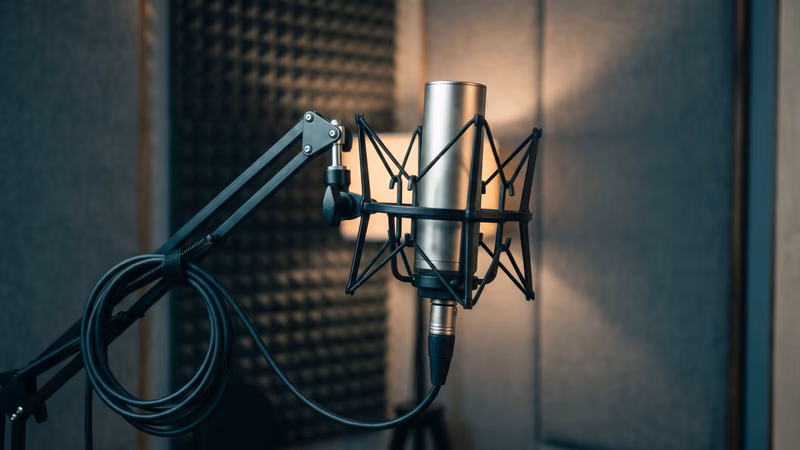 A sleek studio condenser microphone in cool teal light against a dark background with faint sound-wave ripples, representing brand voice and messaging
