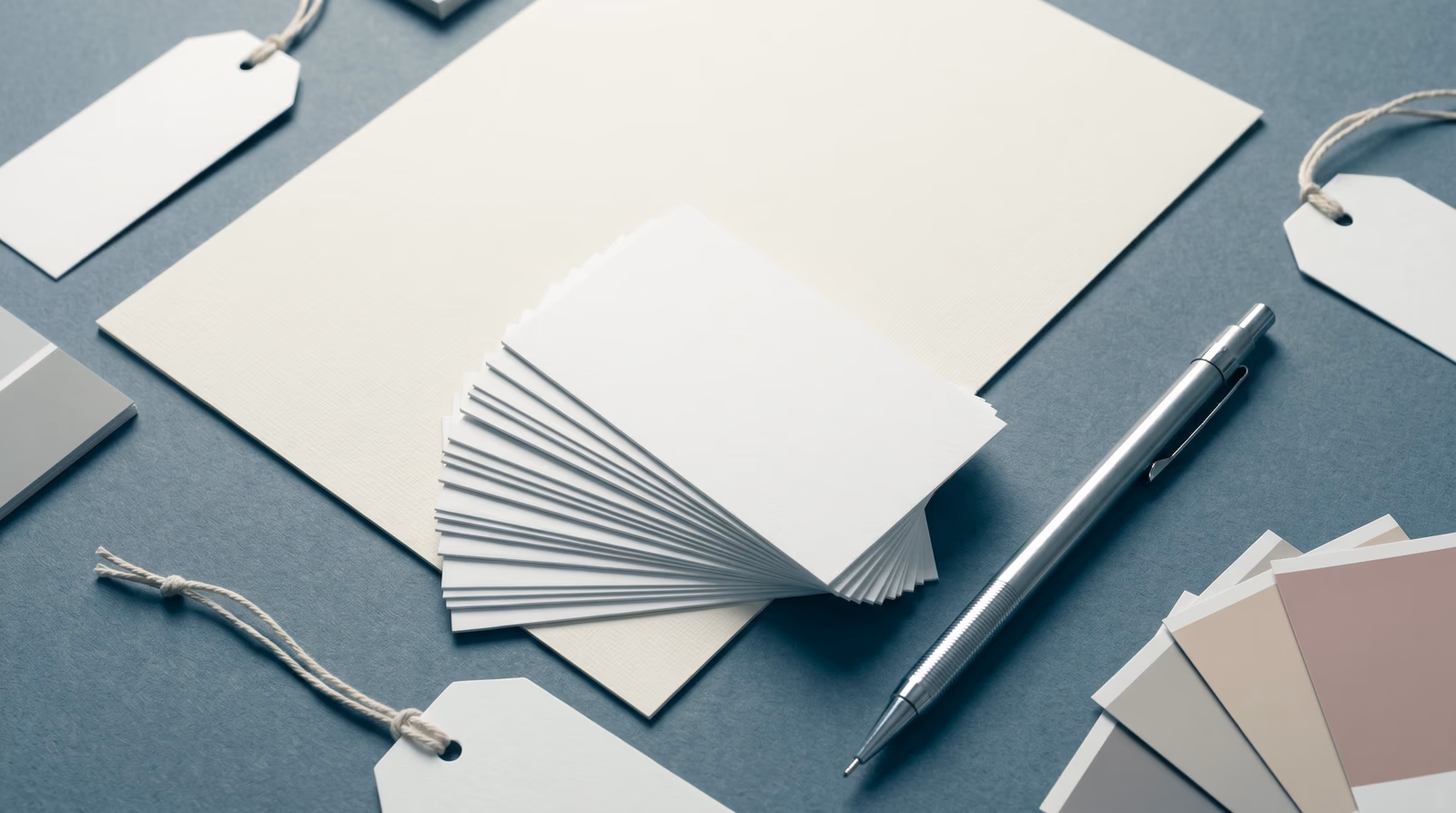 Blank business cards, letterhead, hang tags, and neutral color swatches arranged on a slate surface — representing the foundational elements of brand identity before design begins