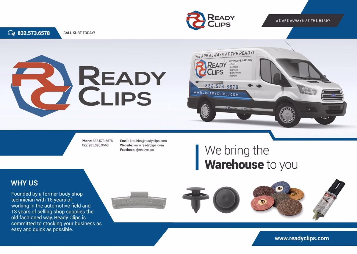 Ready Clips brochure exterior designed by Desque, red and blue commercial branding