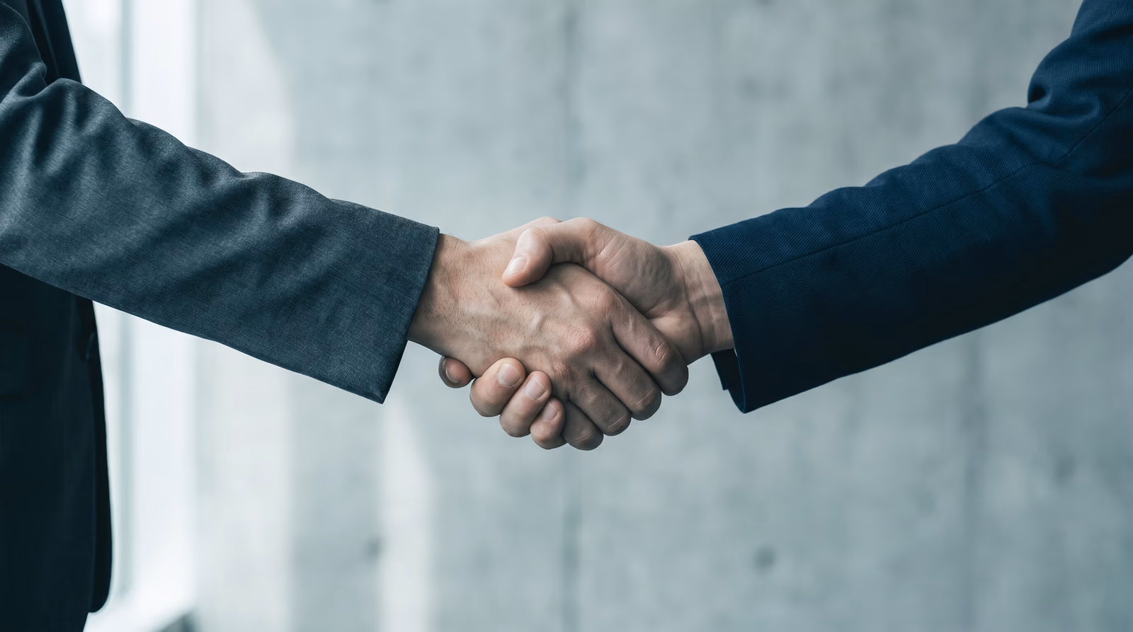 Two hands in a firm professional handshake against a muted concrete wall, symbolizing trust and credibility built through professional web design