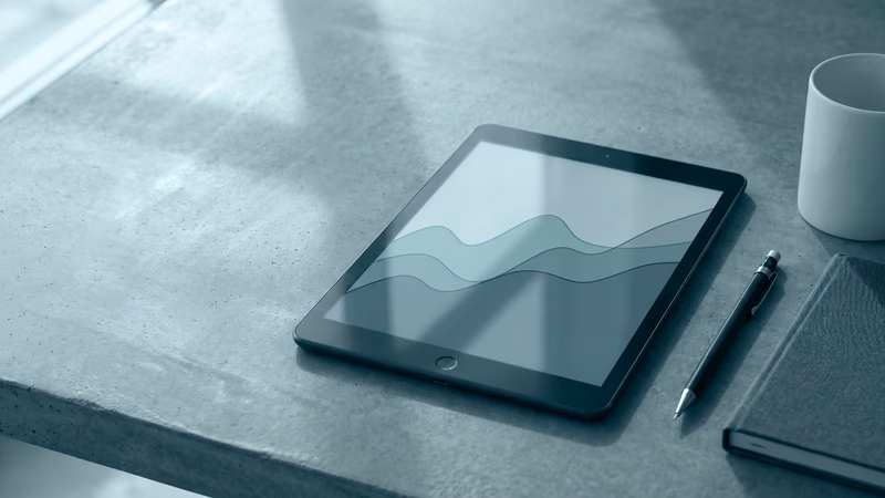 Dark tablet displaying abstract teal line charts on a concrete desk beside a plain ceramic mug and pencil, representing website analytics setup and data tracking for small businesses
