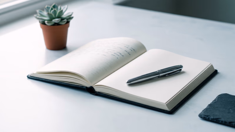 Open notebook with a fountain pen resting across blank pages on a minimal desk, representing the website content writing and copywriting process