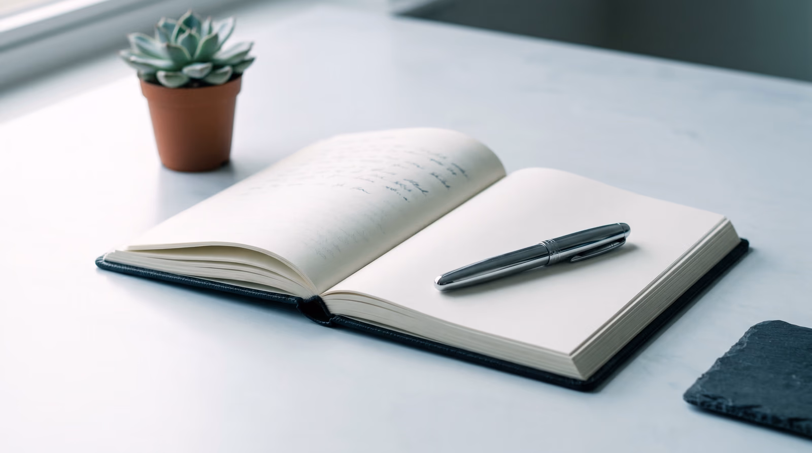 Open notebook with a fountain pen resting across blank pages on a minimal desk, representing the website content writing and copywriting process