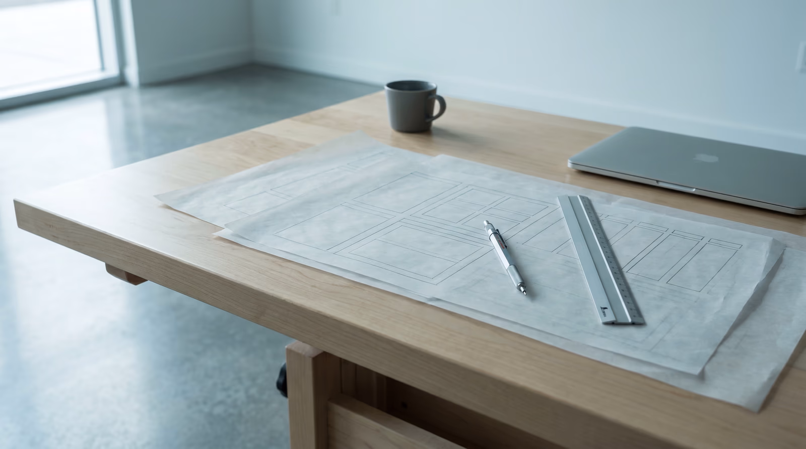 Architect-style wireframe layout sketches on translucent tracing paper spread across a clean studio desk, representing the website design planning process