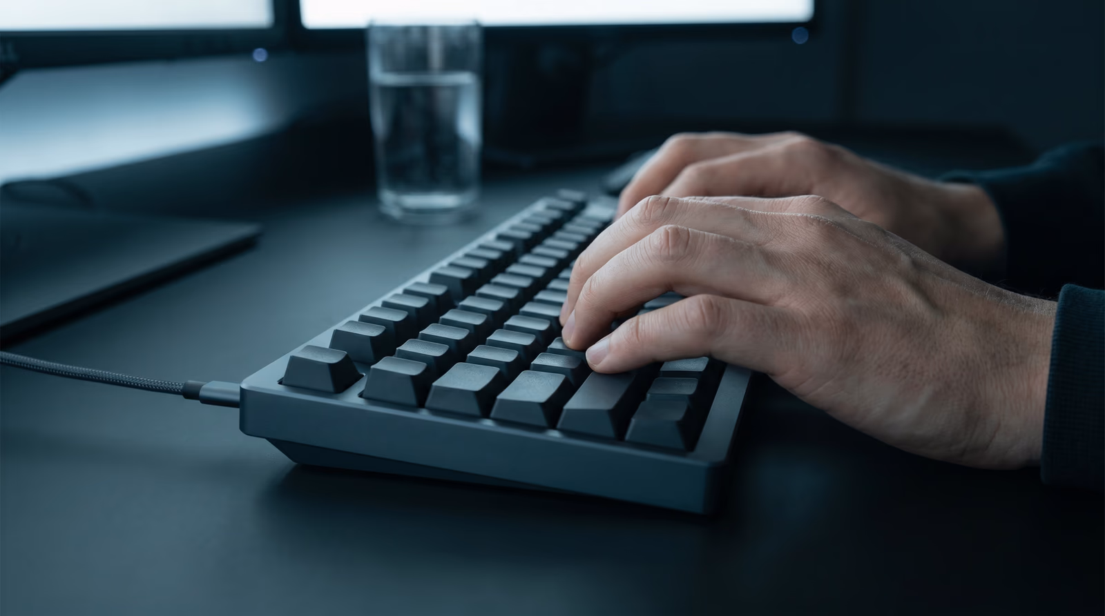 Developer's hands typing on a minimalist mechanical keyboard under cool monitor light, representing the website development and build process