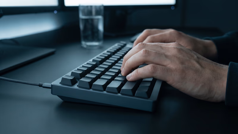 Developer's hands typing on a minimalist mechanical keyboard under cool monitor light, representing the website development and build process