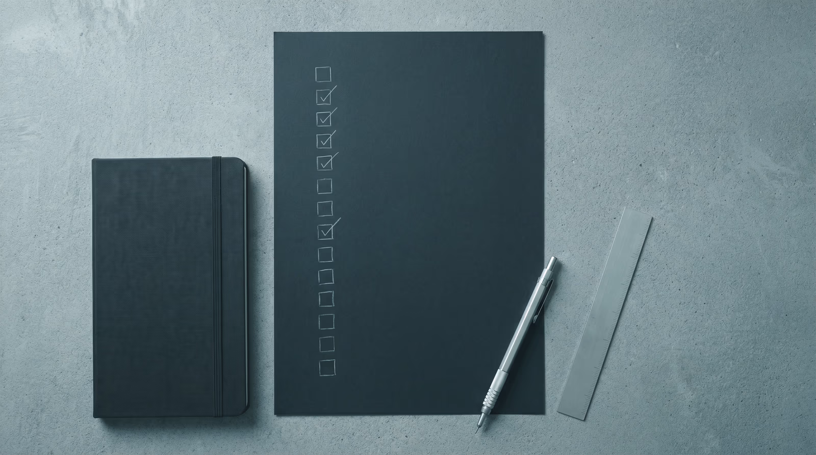 Overhead flat-lay of a dark paper checklist with pencil tick marks, mechanical pencil, and steel ruler on a concrete desk, representing a comprehensive website launch checklist for small businesses