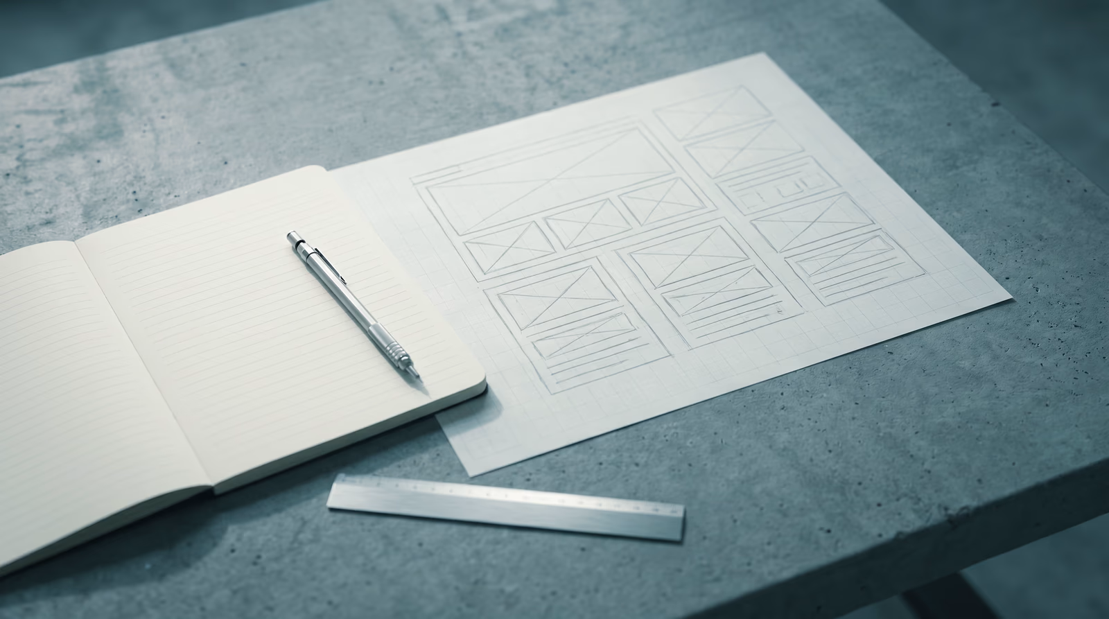 Top-down view of a website planning wireframe sketch on grid paper alongside a blank notebook and mechanical pencil on a concrete desk, representing strategic website planning before development