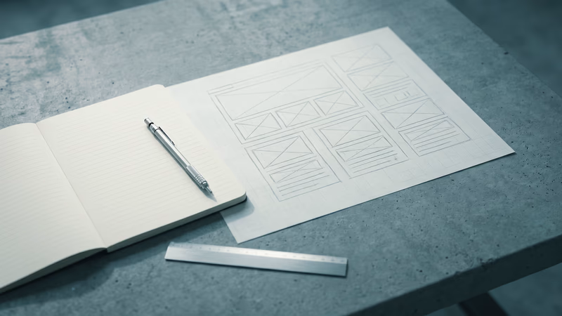 Top-down view of a website planning wireframe sketch on grid paper alongside a blank notebook and mechanical pencil on a concrete desk, representing strategic website planning before development