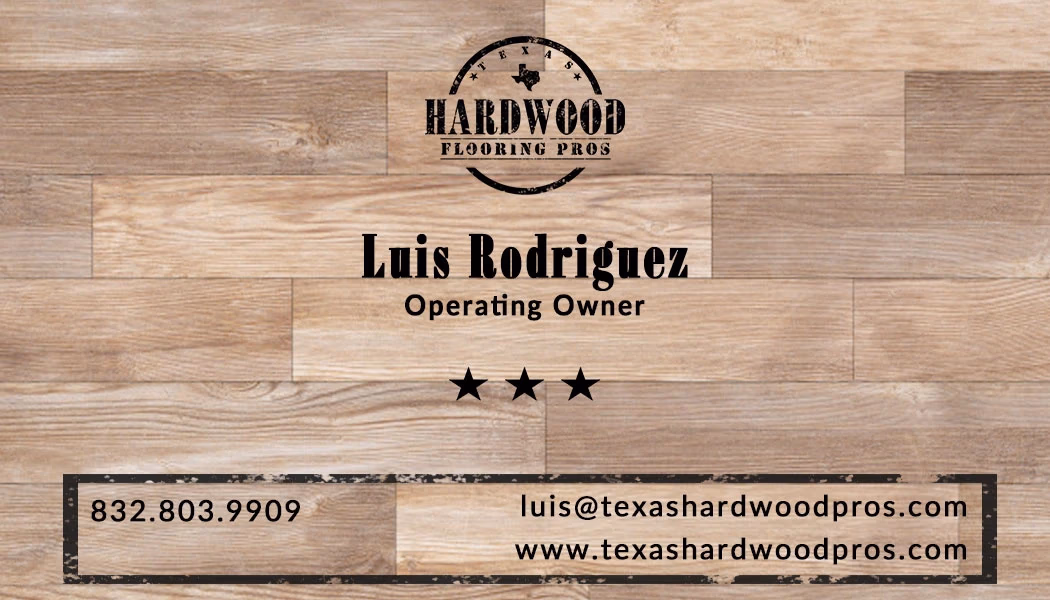 Texas Hardwood Flooring Pros business card front with hardwood texture and badge logo, designed by Desque