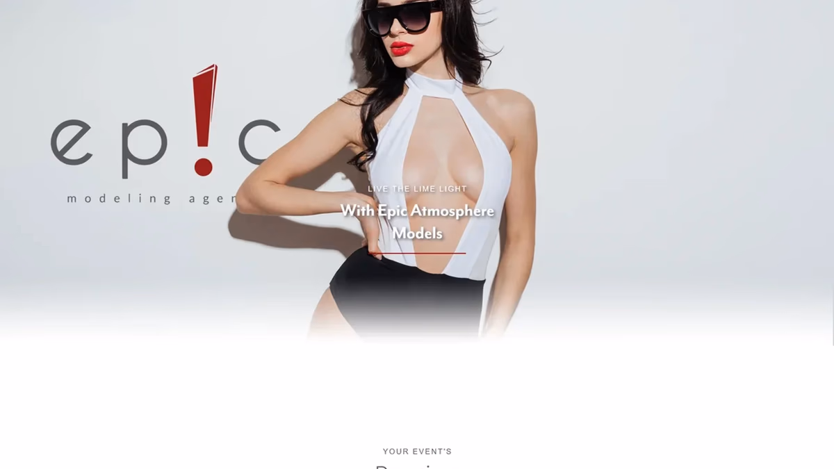 Epic Modeling Agency website hero section showing the ep!c wordmark logo, a fashion model, and premium nightlife branding designed by Desque