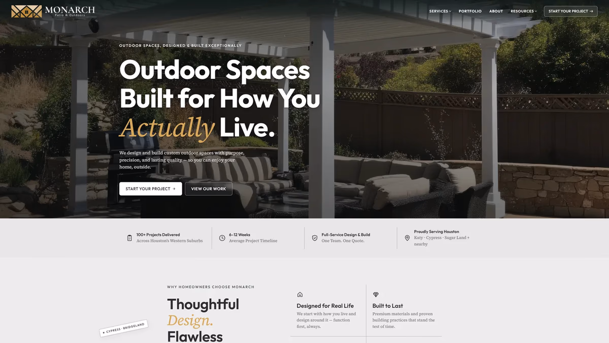 Monarch Patio and Outdoors website hero designed by Desque, showing a premium outdoor living contractor presence