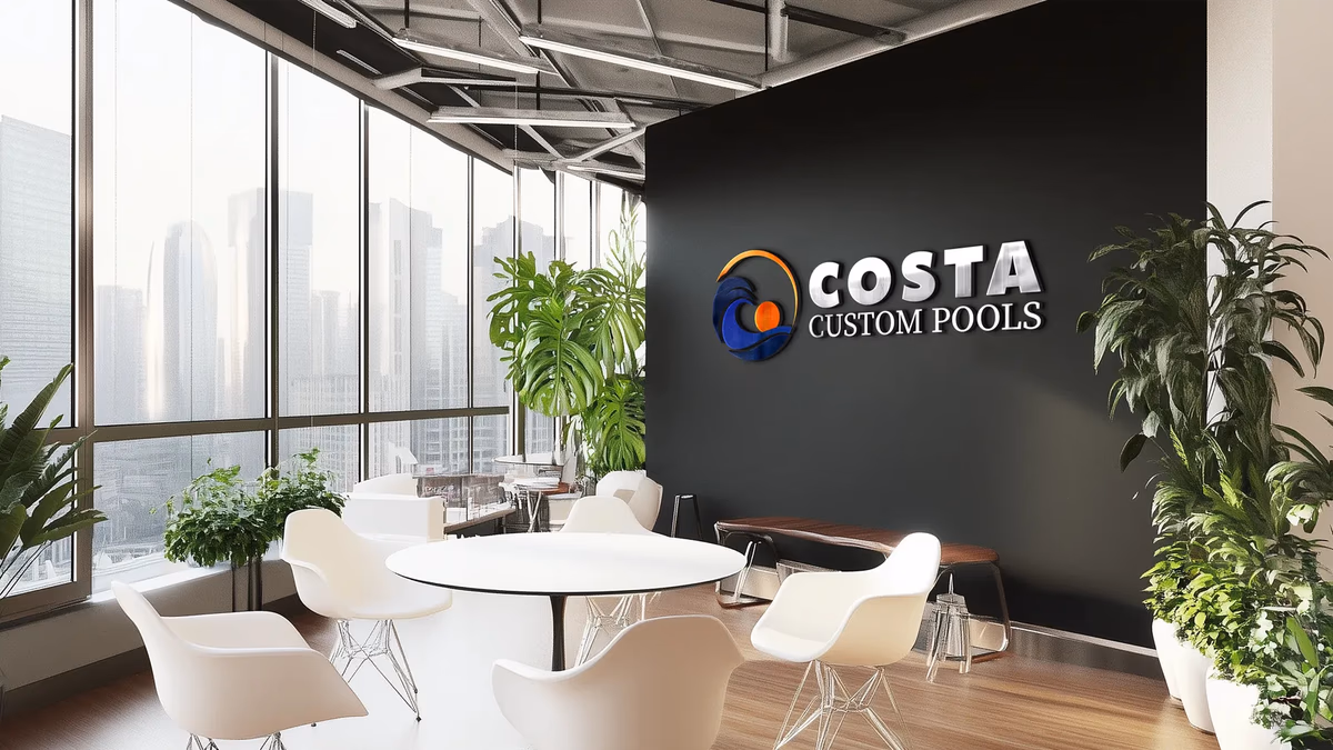 Costa Custom Pools brand identity displayed in a modern office environment, designed by Desque