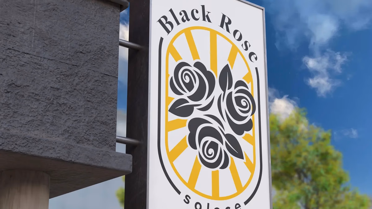 Black Rose Solace exterior barbershop signage on building facade designed by Desque