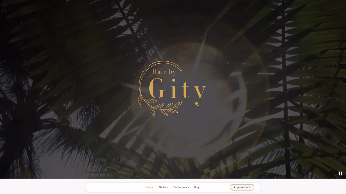 Hair By Gity website hero designed by Desque, showing the brand logo centered on a dark tropical background