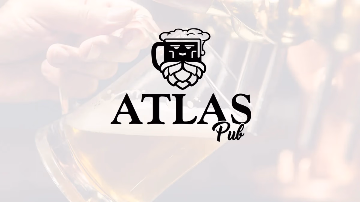 Atlas Pub mascot logo on a beer photography background, designed by Desque