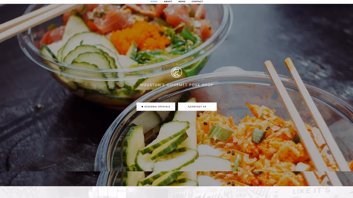 Pokeology website homepage hero section showing the poke bowl restaurant brand designed by Desque