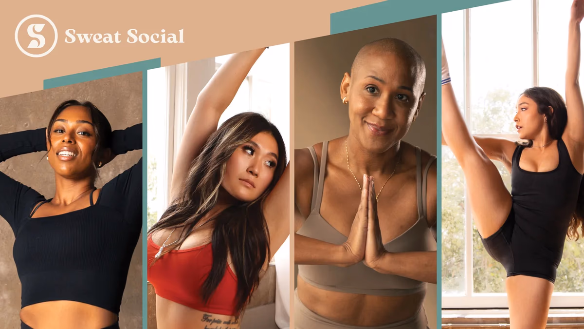 Sweat Social brand identity event poster showing four community members designed by Desque
