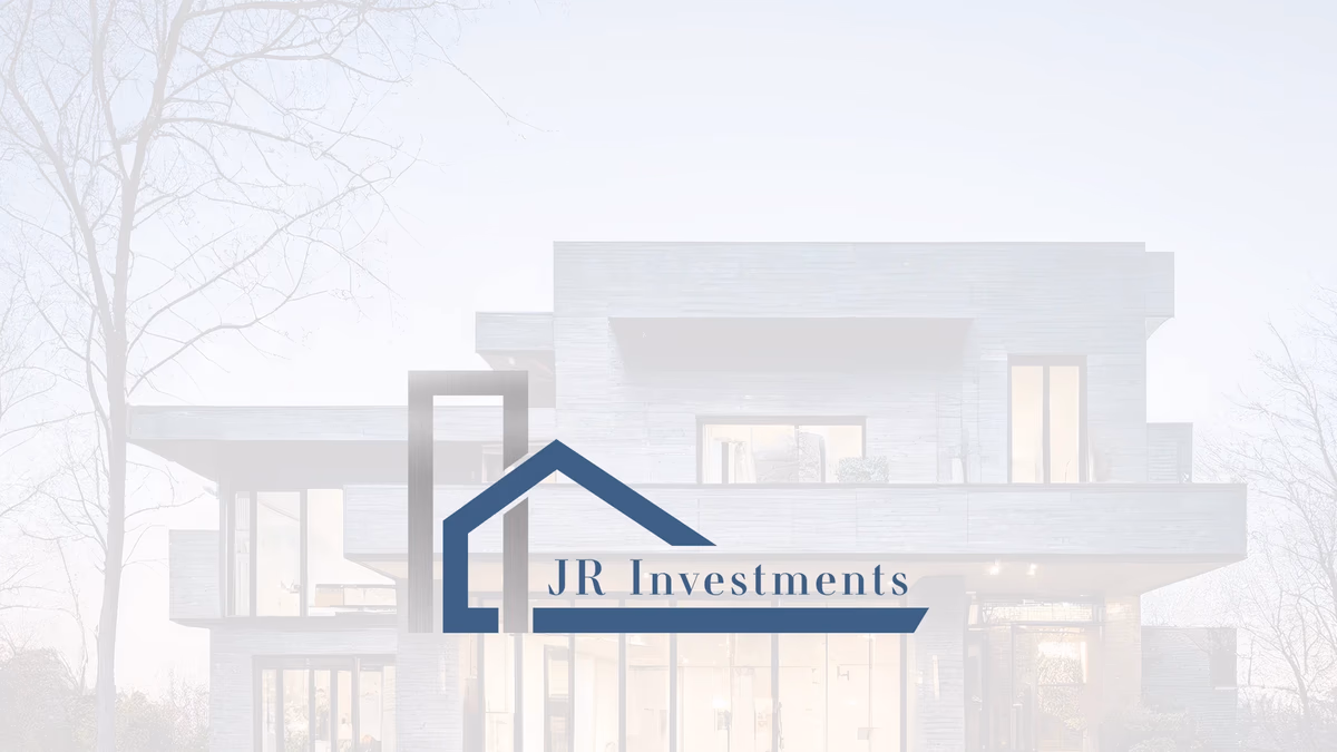 JR Investments logo over a modern residential property, brand identity designed by Desque