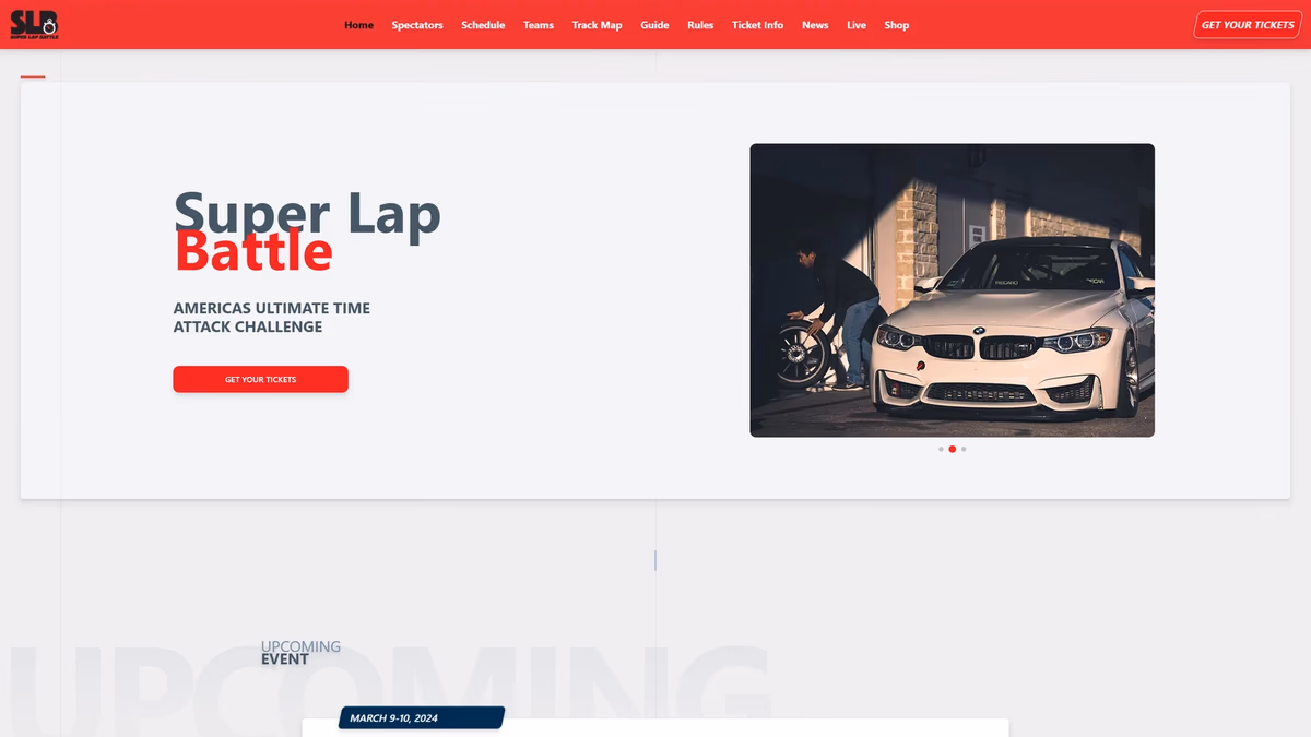 Super Lap Battle website home page designed by Desque, cinematic motorsport hero section