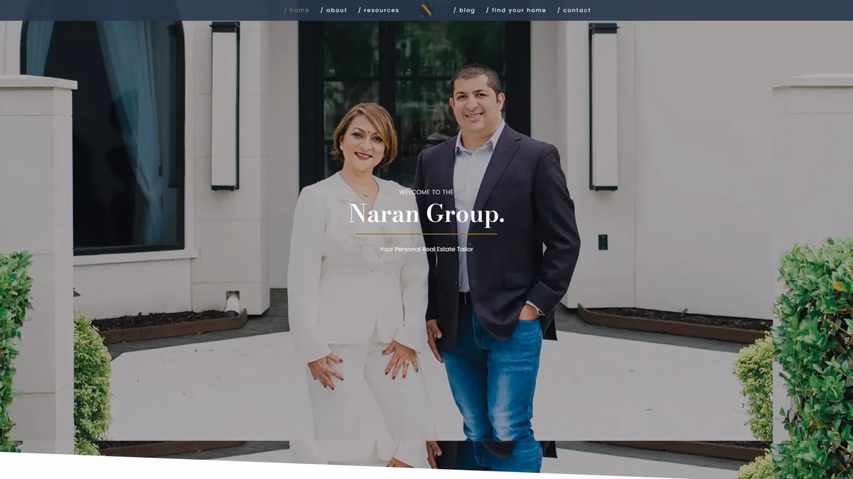 Naran Group website hero showing the mother-and-son real estate team in front of a luxury home, designed by Desque