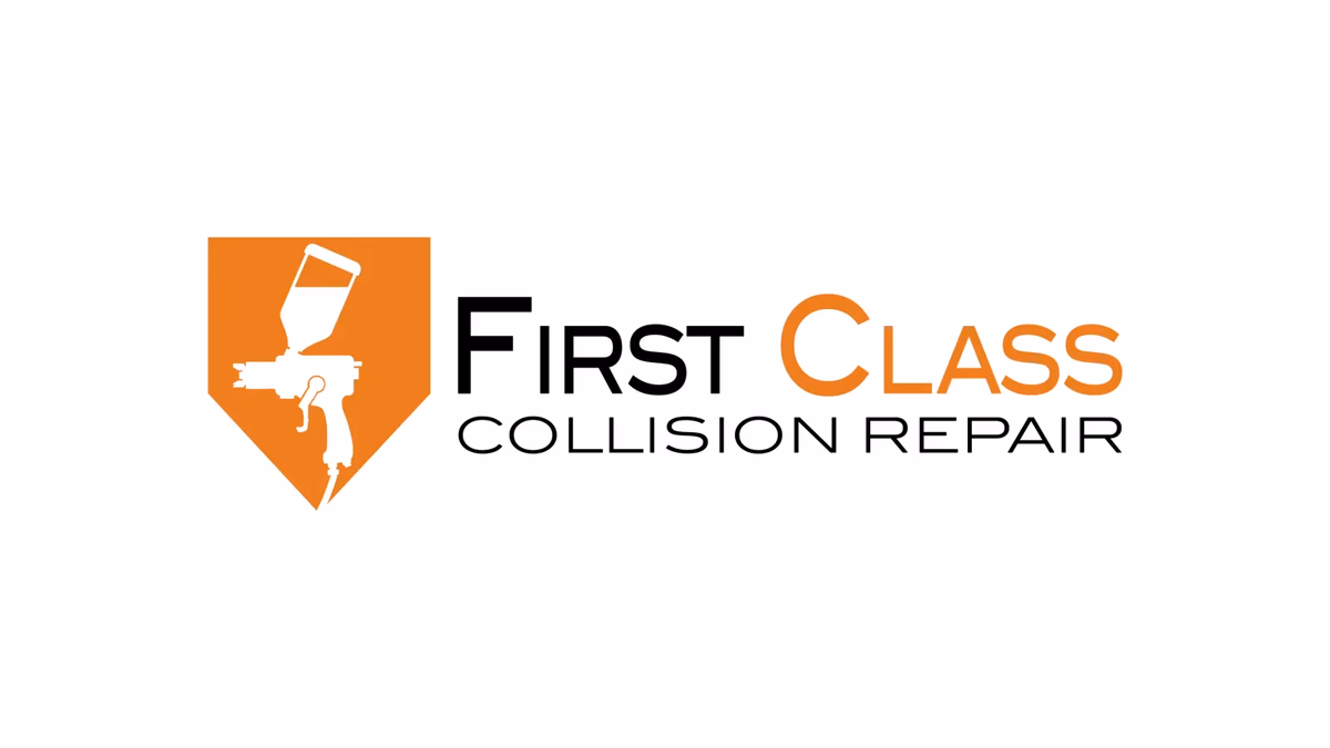 First Class Collision Repair brand identity designed by Desque, orange and black logo on dark branded panel