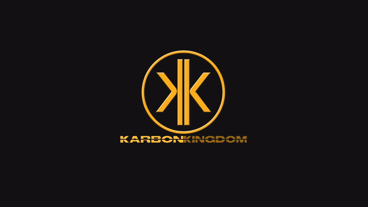 Karbon Kingdom business card designed by Desque, gold logo on carbon fiber texture background