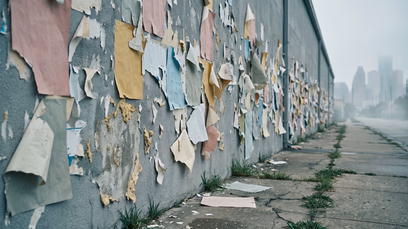 An outdoor Houston wall layered with years of torn, peeling paper posters weathered into faded color and bare pulp, none of them recognizable anymore, along a cracked sidewalk on an overcast morning