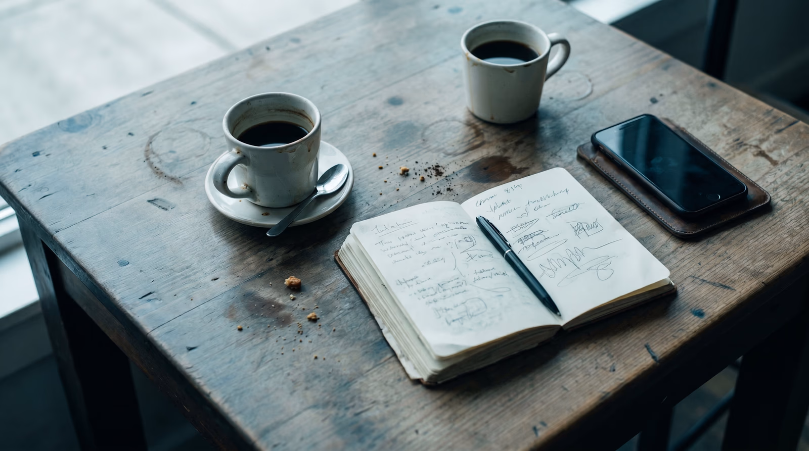 Two ceramic coffee cups and a blank notepad with a pen on a clean meeting table — evoking a structured client discovery conversation before a web project begins