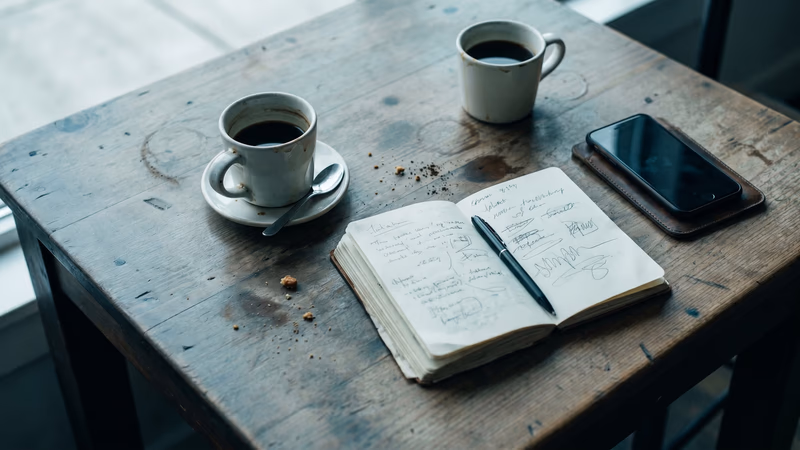 Two ceramic coffee cups and a blank notepad with a pen on a clean meeting table — evoking a structured client discovery conversation before a web project begins