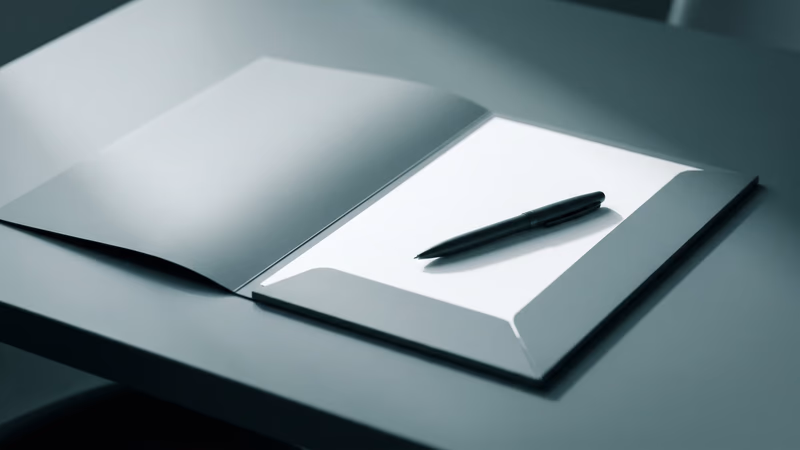 A clean open folder with a blank document and pen on a minimal desk — representing a project scope proposal ready to be signed in a web design engagement