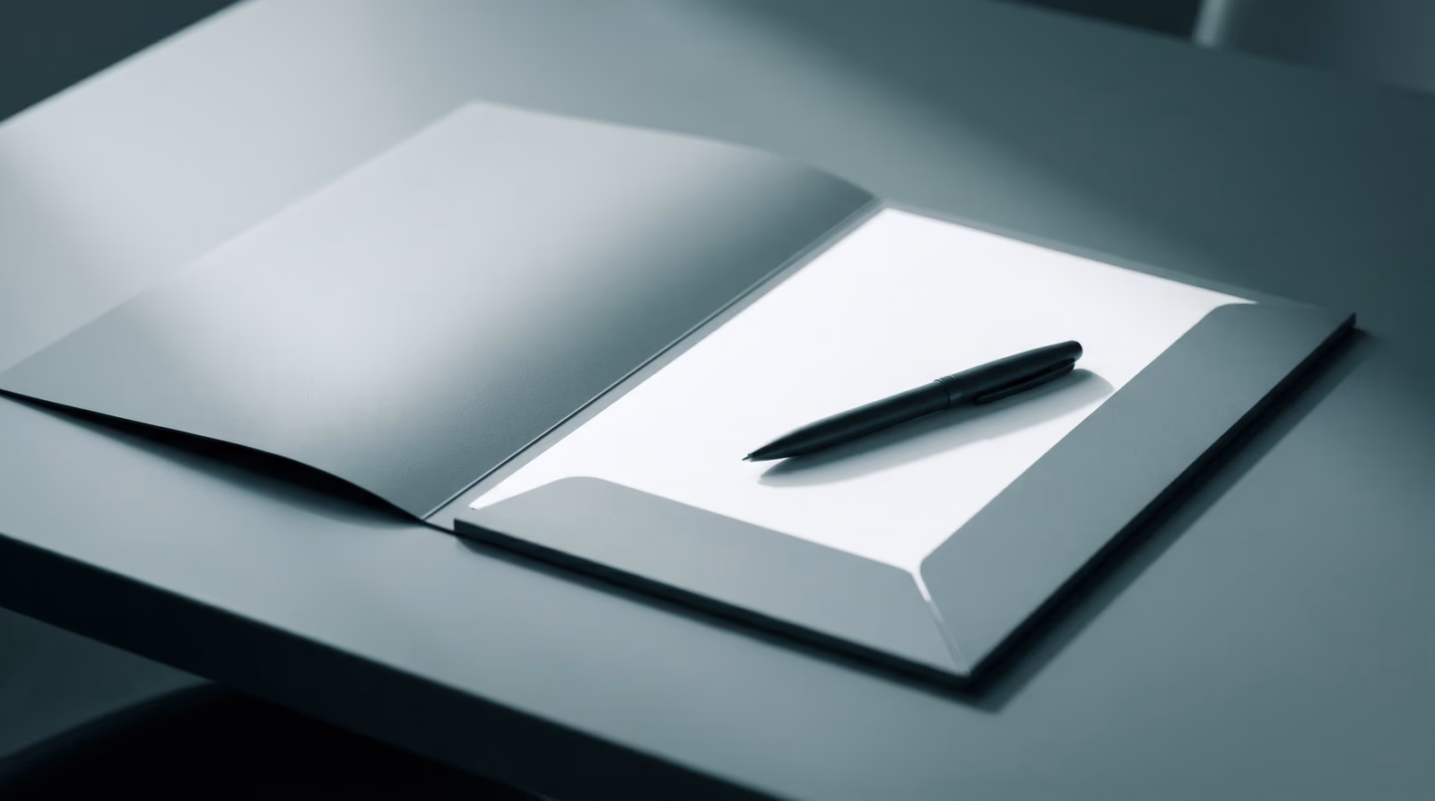 A clean open folder with a blank document and pen on a minimal desk — representing a project scope proposal ready to be signed in a web design engagement