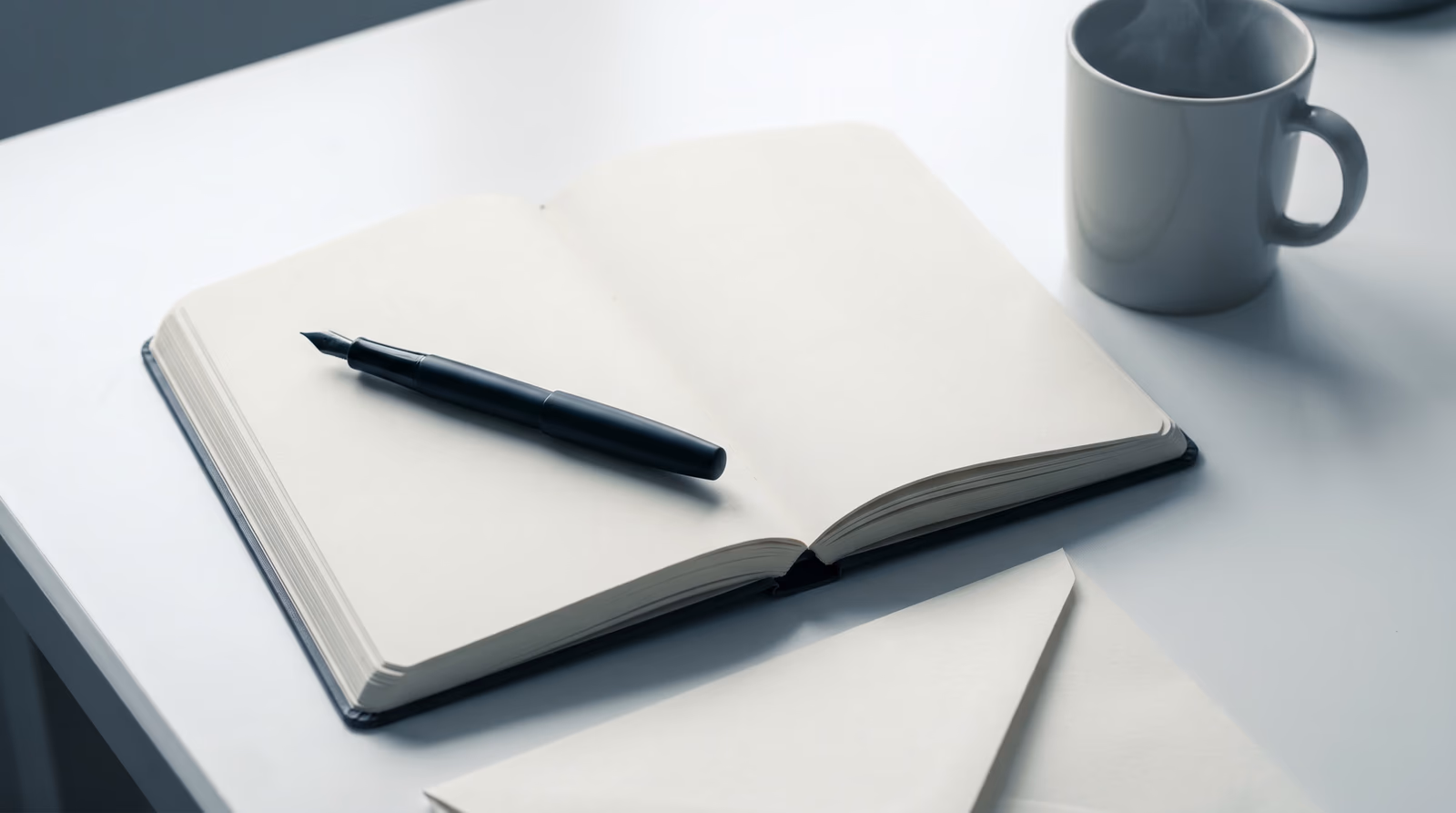 A blank open notebook, fountain pen, and ceramic coffee mug on a clean white writing desk in soft natural light, representing the craft of writing engaging blog posts