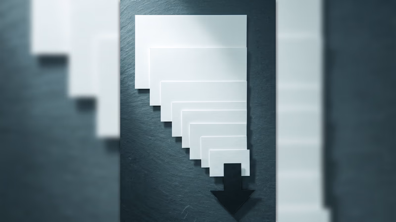 Overhead flat-lay of blank white cards arranged in a deliberate top-to-bottom funnel flow with a single directional arrow, representing landing page best practices and conversion-focused structure for Houston service businesses