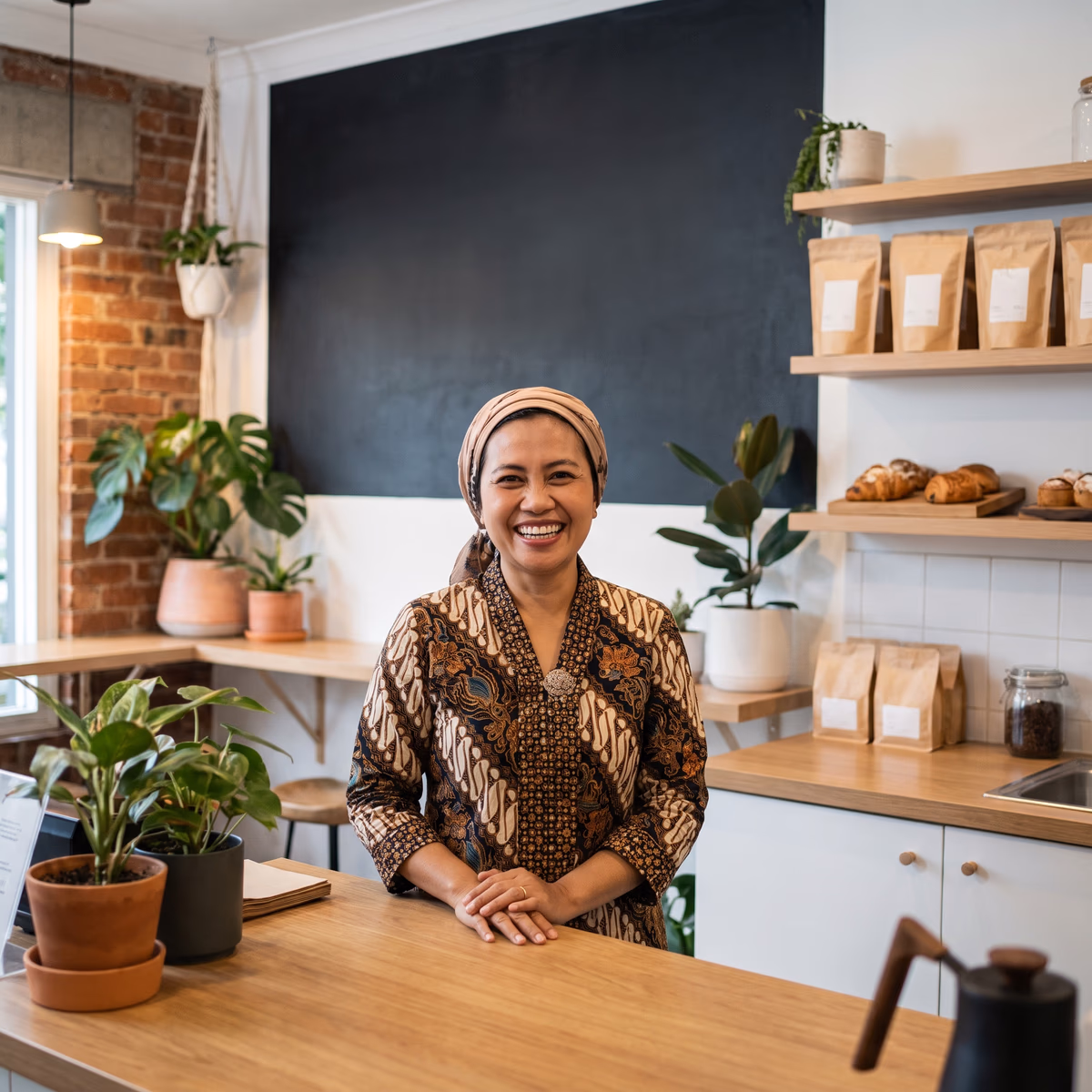 A smiling small-business owner standing behind the wood counter of her bakery and coffee shop, shelves of pastries and packaged goods behind her