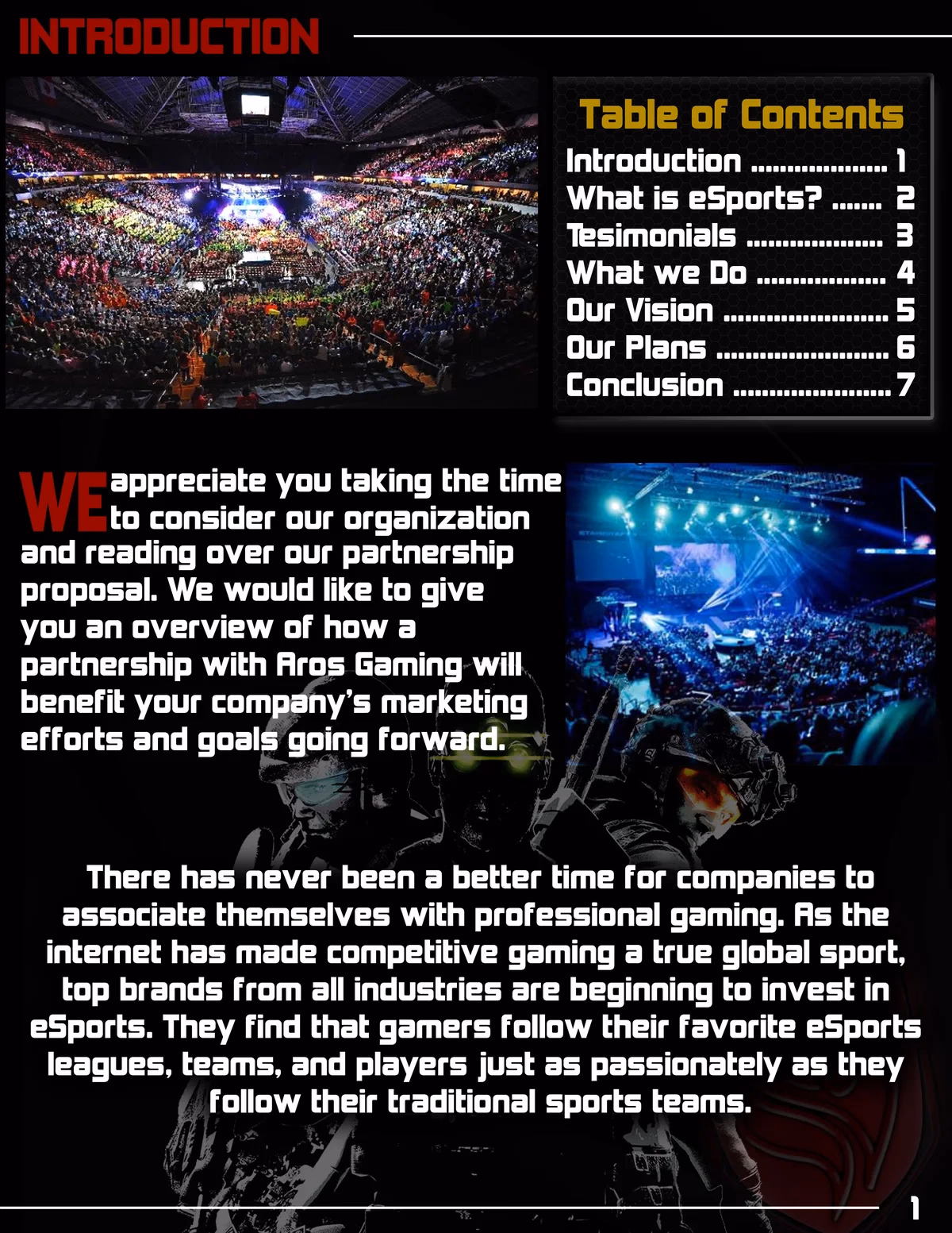 Aros Gaming sponsorship deck introduction page designed by Desque