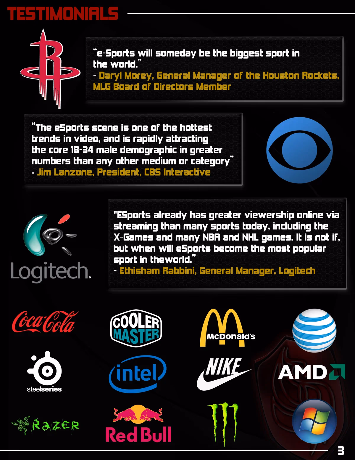 Aros Gaming sponsorship deck testimonials page designed by Desque