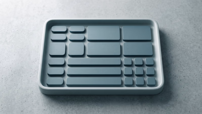 A tray of modular blank UI-shaped blocks — button, card, and input silhouettes — neatly organized in a grid, representing a component library design system